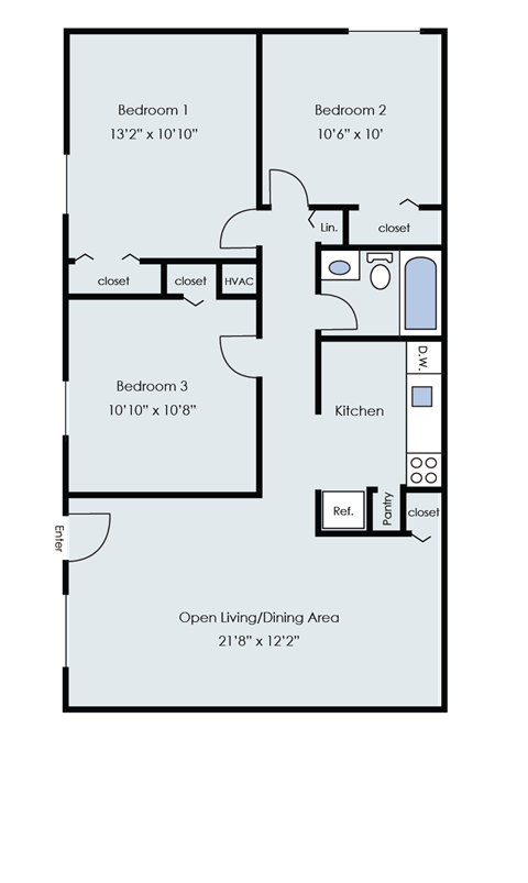 Floor plan for 3 beds, 1 bath, 825 sqft